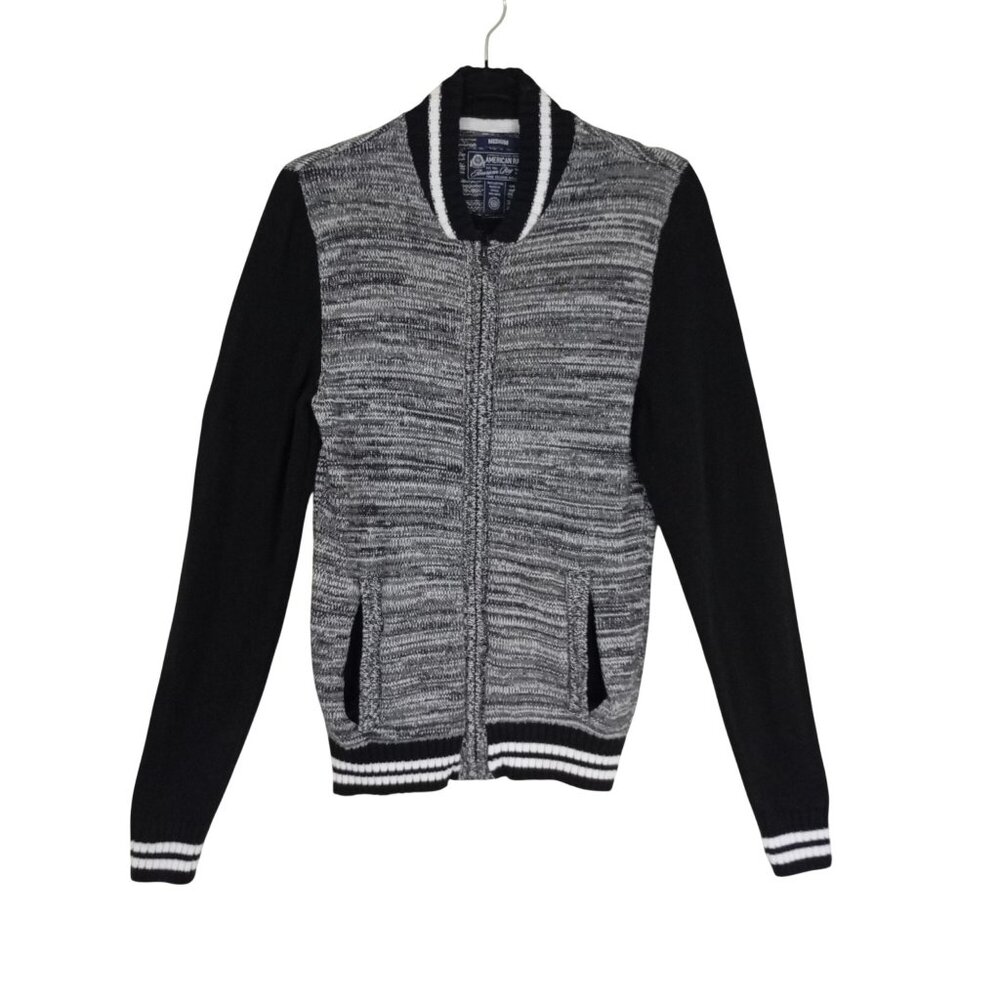 American Rag Jacket Medium Gray & Black Striped Cotton Full-Zip Ribbed Cuffs Hem